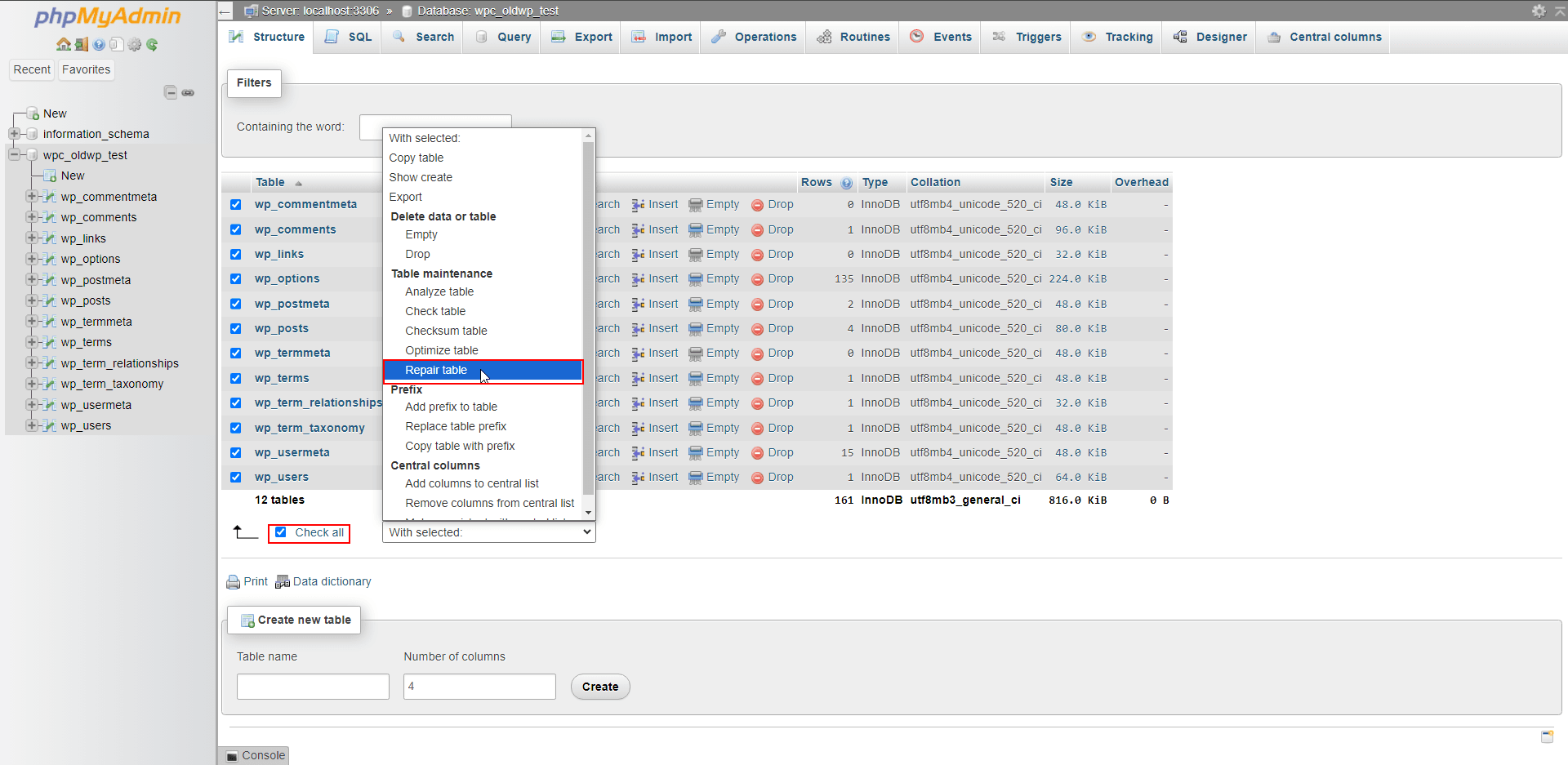 wordpress repair database phpmyadmin repair tables