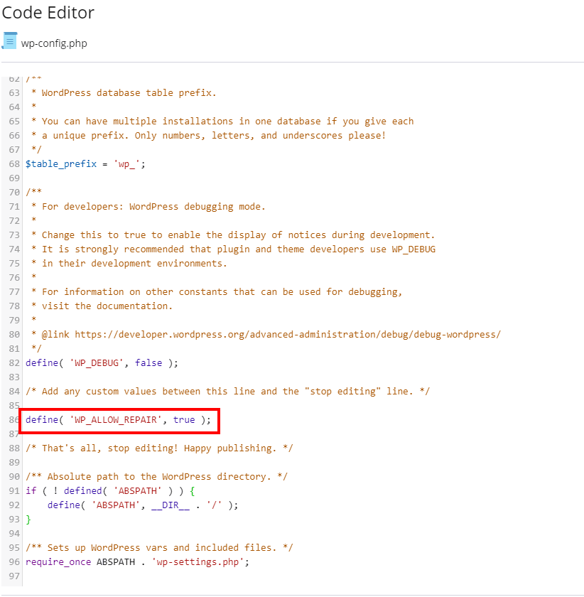 wordpress repair database wp-config.php