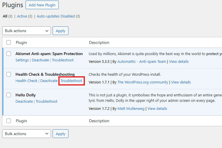 Enabling troubeshooting mode in wordpress.