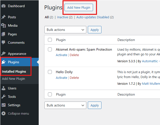 Screenshot of WP Plugin section.